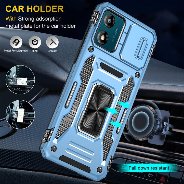 Armor Series For Motorola Moto E13 4G Slide Lens Shield Anti-drop Cover Metal Kickstand PC+TPU Phone Case - Light Blue