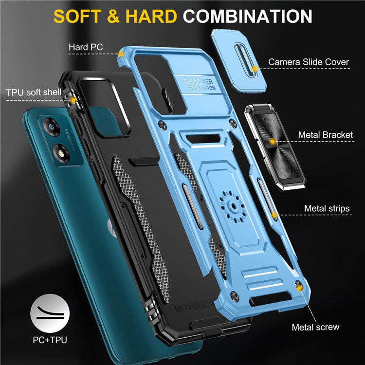 Armor Series For Motorola Moto E13 4G Slide Lens Shield Anti-drop Cover Metal Kickstand PC+TPU Phone Case - Light Blue