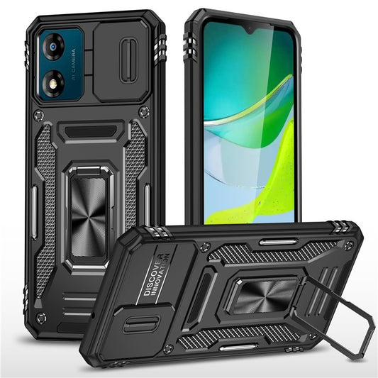 Armor Series For Motorola Moto E13 4G Slide Lens Shield Anti-drop Cover Metal Kickstand PC+TPU Phone Case - Black