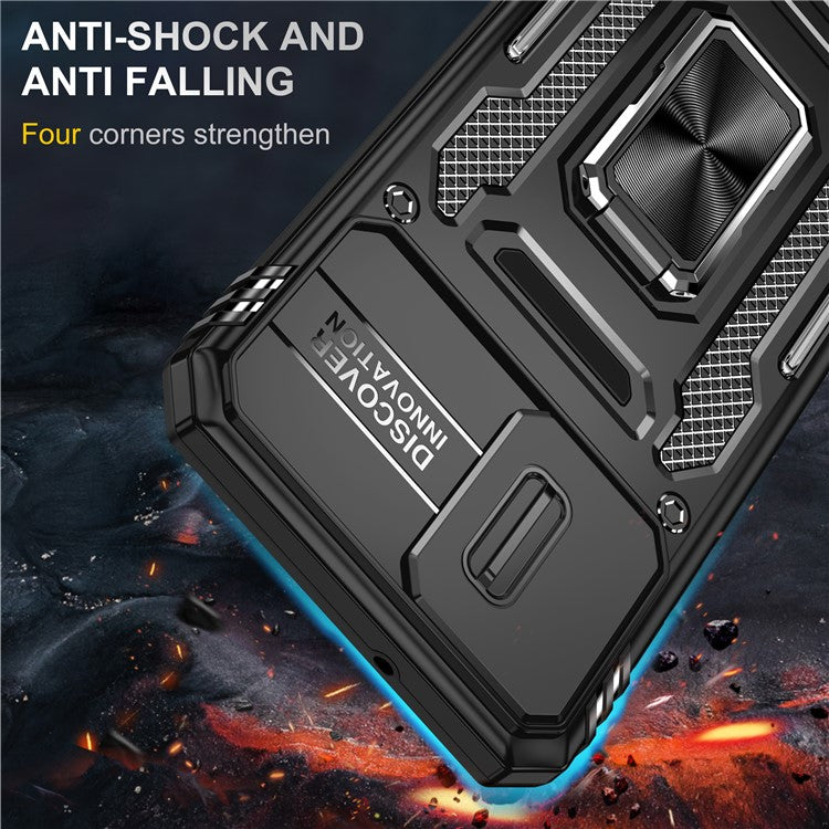 Armor Series For Motorola Moto E13 4G Slide Lens Shield Anti-drop Cover Metal Kickstand PC+TPU Phone Case - Black