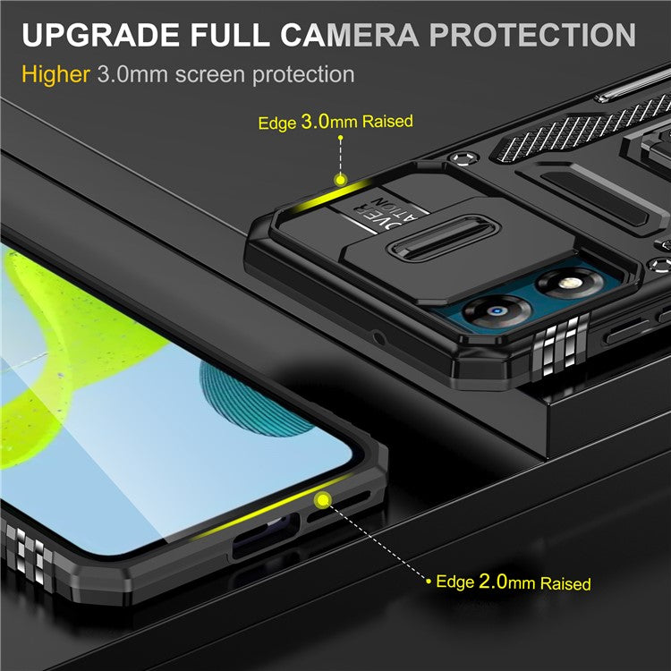 Armor Series For Motorola Moto E13 4G Slide Lens Shield Anti-drop Cover Metal Kickstand PC+TPU Phone Case - Black