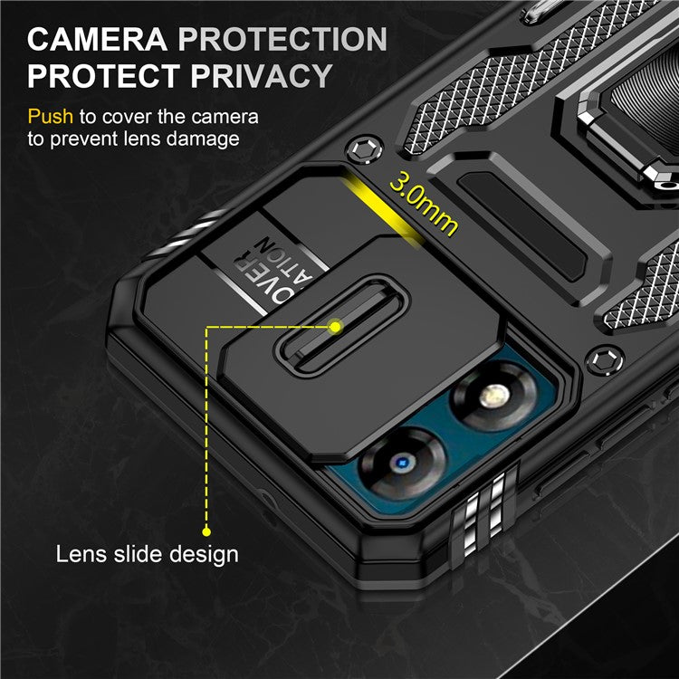 Armor Series For Motorola Moto E13 4G Slide Lens Shield Anti-drop Cover Metal Kickstand PC+TPU Phone Case - Black