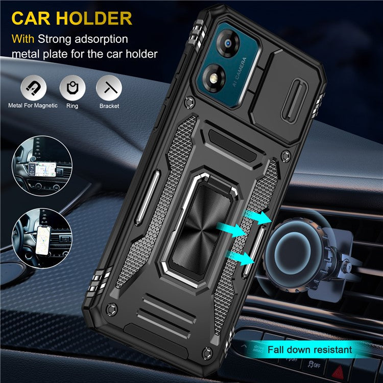 Armor Series For Motorola Moto E13 4G Slide Lens Shield Anti-drop Cover Metal Kickstand PC+TPU Phone Case - Black