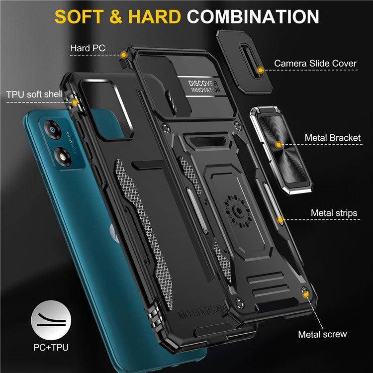 Armor Series For Motorola Moto E13 4G Slide Lens Shield Anti-drop Cover Metal Kickstand PC+TPU Phone Case - Black