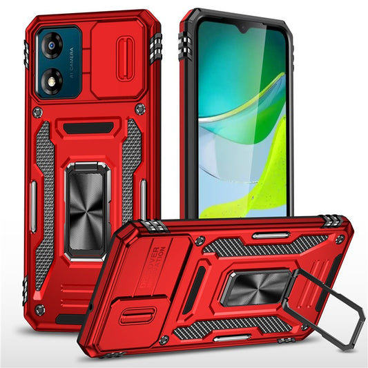 Armor Series For Motorola Moto E13 4G Slide Lens Shield Anti-drop Cover Metal Kickstand PC+TPU Phone Case - Red