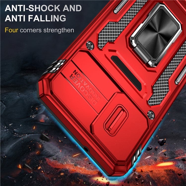 Armor Series For Motorola Moto E13 4G Slide Lens Shield Anti-drop Cover Metal Kickstand PC+TPU Phone Case - Red