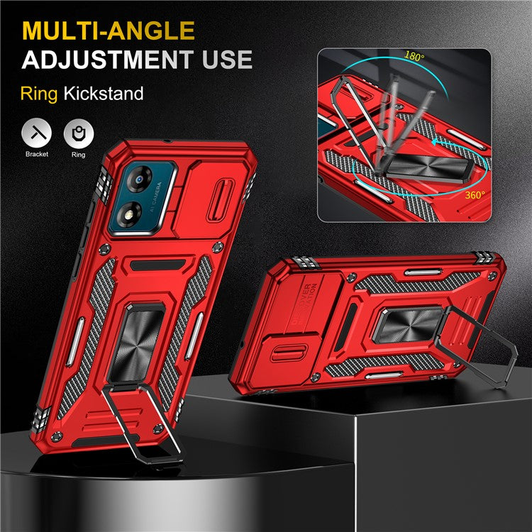 Armor Series For Motorola Moto E13 4G Slide Lens Shield Anti-drop Cover Metal Kickstand PC+TPU Phone Case - Red