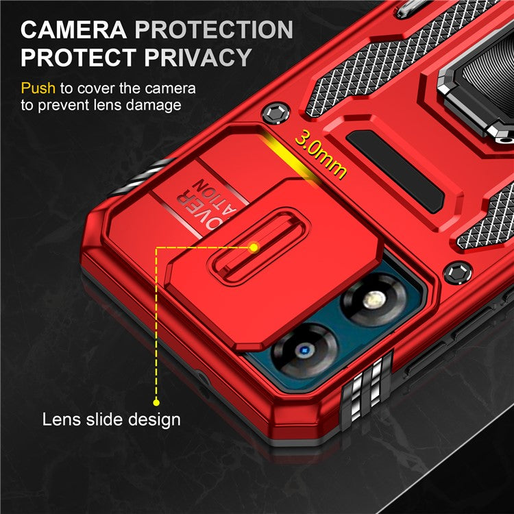 Armor Series For Motorola Moto E13 4G Slide Lens Shield Anti-drop Cover Metal Kickstand PC+TPU Phone Case - Red