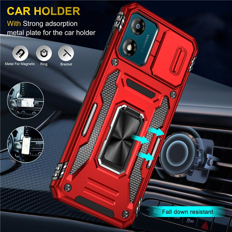 Armor Series For Motorola Moto E13 4G Slide Lens Shield Anti-drop Cover Metal Kickstand PC+TPU Phone Case - Red