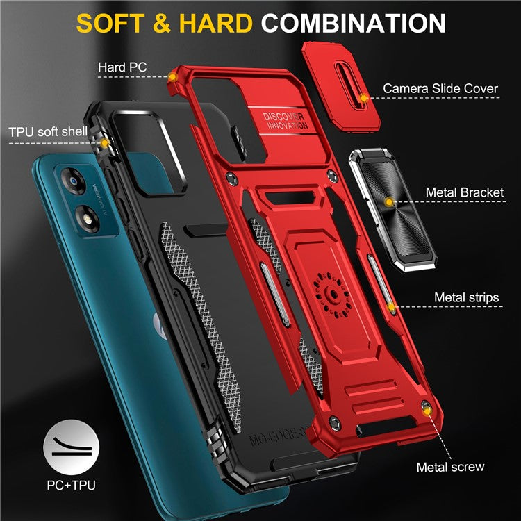 Armor Series For Motorola Moto E13 4G Slide Lens Shield Anti-drop Cover Metal Kickstand PC+TPU Phone Case - Red