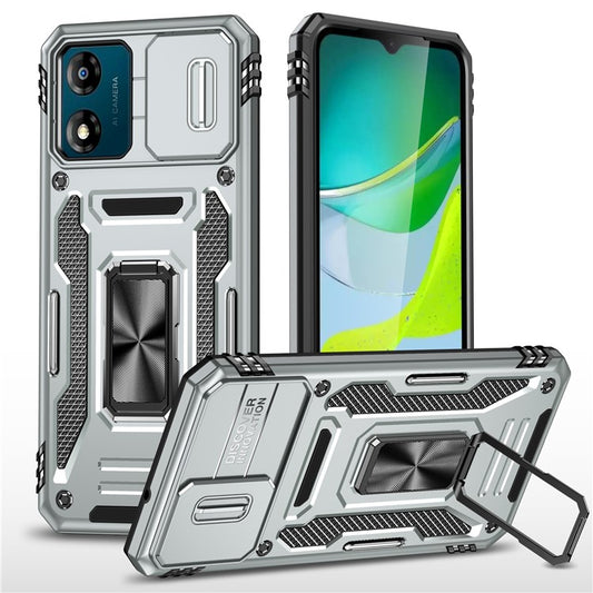 Armor Series For Motorola Moto E13 4G Slide Lens Shield Anti-drop Cover Metal Kickstand PC+TPU Phone Case - Grey