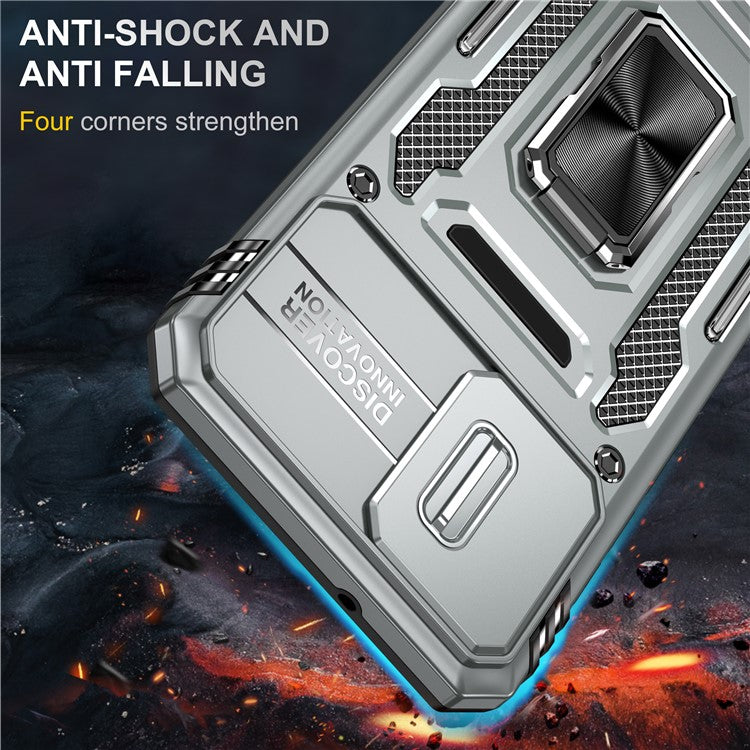 Armor Series For Motorola Moto E13 4G Slide Lens Shield Anti-drop Cover Metal Kickstand PC+TPU Phone Case - Grey