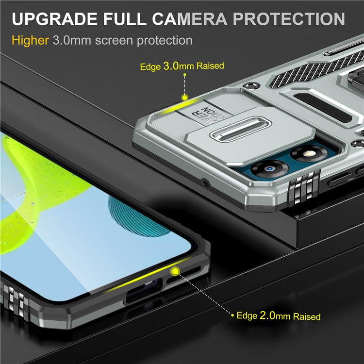Armor Series For Motorola Moto E13 4G Slide Lens Shield Anti-drop Cover Metal Kickstand PC+TPU Phone Case - Grey