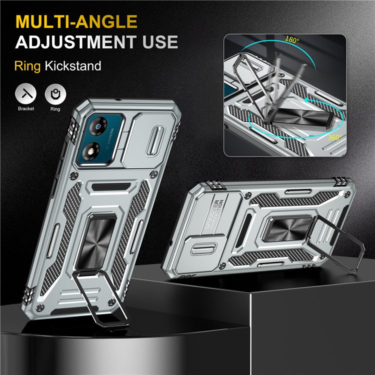 Armor Series For Motorola Moto E13 4G Slide Lens Shield Anti-drop Cover Metal Kickstand PC+TPU Phone Case - Grey