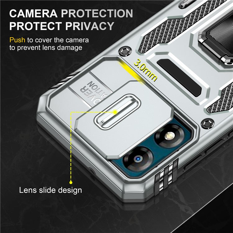 Armor Series For Motorola Moto E13 4G Slide Lens Shield Anti-drop Cover Metal Kickstand PC+TPU Phone Case - Grey