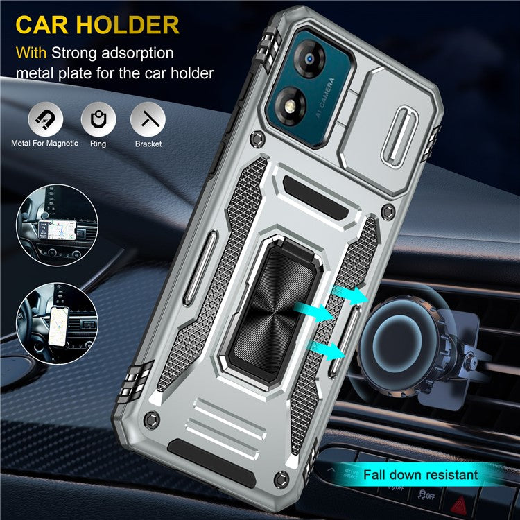 Armor Series For Motorola Moto E13 4G Slide Lens Shield Anti-drop Cover Metal Kickstand PC+TPU Phone Case - Grey