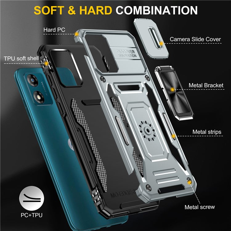Armor Series For Motorola Moto E13 4G Slide Lens Shield Anti-drop Cover Metal Kickstand PC+TPU Phone Case - Grey
