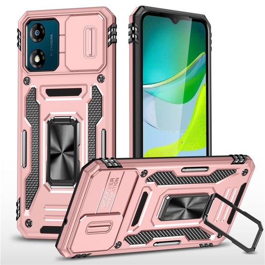 Armor Series For Motorola Moto E13 4G Slide Lens Shield Anti-drop Cover Metal Kickstand PC+TPU Phone Case - Rose Gold