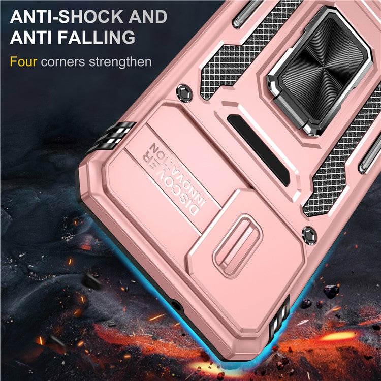 Armor Series For Motorola Moto E13 4G Slide Lens Shield Anti-drop Cover Metal Kickstand PC+TPU Phone Case - Rose Gold