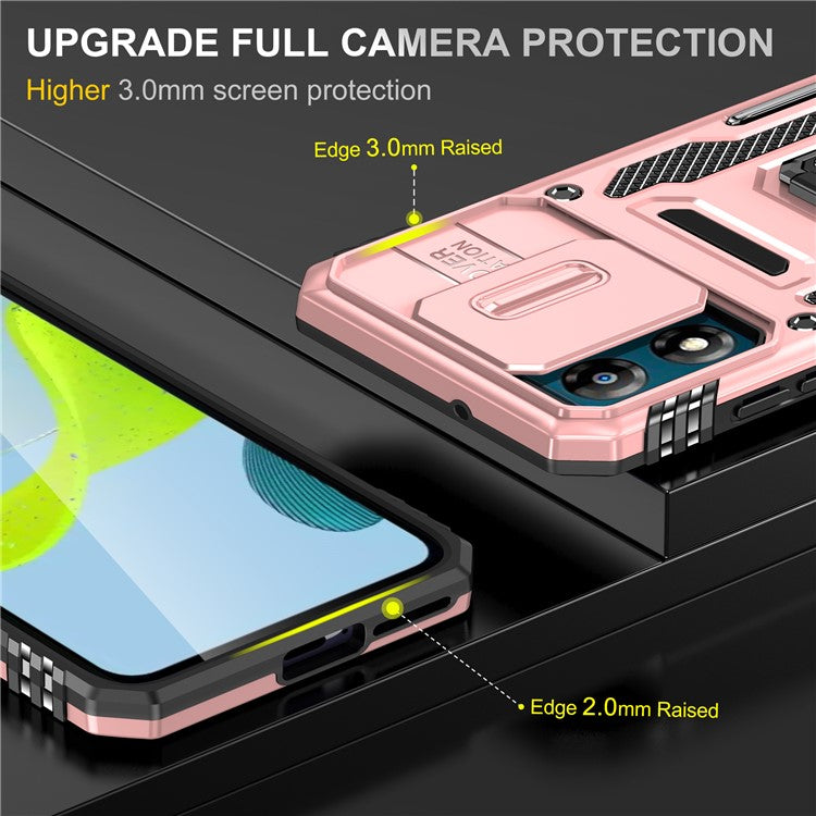 Armor Series For Motorola Moto E13 4G Slide Lens Shield Anti-drop Cover Metal Kickstand PC+TPU Phone Case - Rose Gold