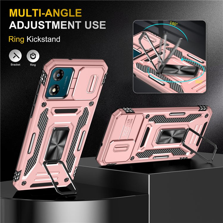 Armor Series For Motorola Moto E13 4G Slide Lens Shield Anti-drop Cover Metal Kickstand PC+TPU Phone Case - Rose Gold
