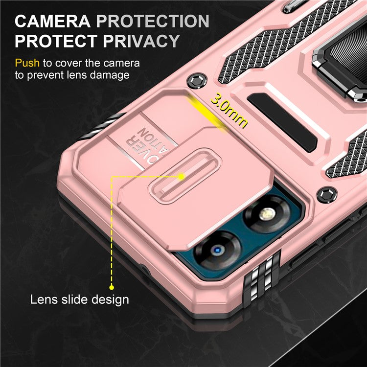 Armor Series For Motorola Moto E13 4G Slide Lens Shield Anti-drop Cover Metal Kickstand PC+TPU Phone Case - Rose Gold