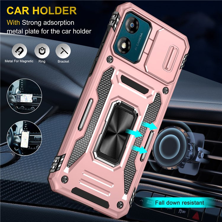 Armor Series For Motorola Moto E13 4G Slide Lens Shield Anti-drop Cover Metal Kickstand PC+TPU Phone Case - Rose Gold