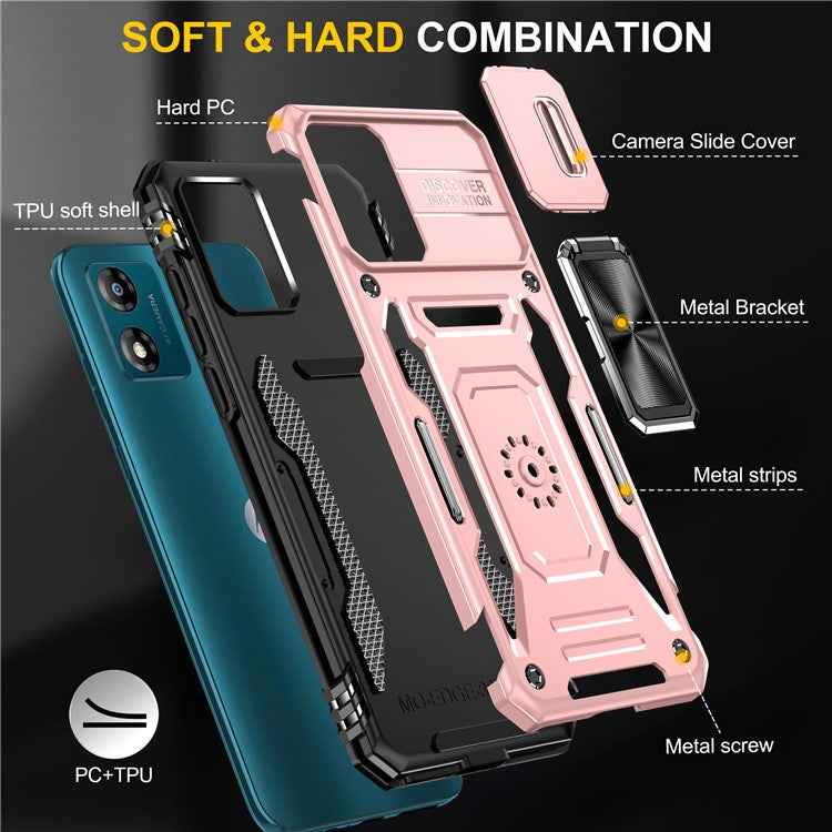 Armor Series For Motorola Moto E13 4G Slide Lens Shield Anti-drop Cover Metal Kickstand PC+TPU Phone Case - Rose Gold