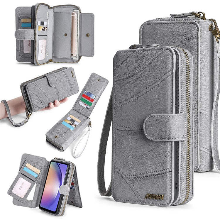 MEGSHI 004 Series For Samsung Galaxy A14 4G / 5G Zipper Wallet Case Detachable PU Leather Stand Phone Cover - Grey