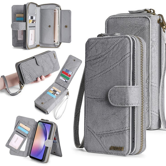 MEGSHI 004 Series For Samsung Galaxy A14 4G / 5G Zipper Wallet Case Detachable PU Leather Stand Phone Cover - Grey
