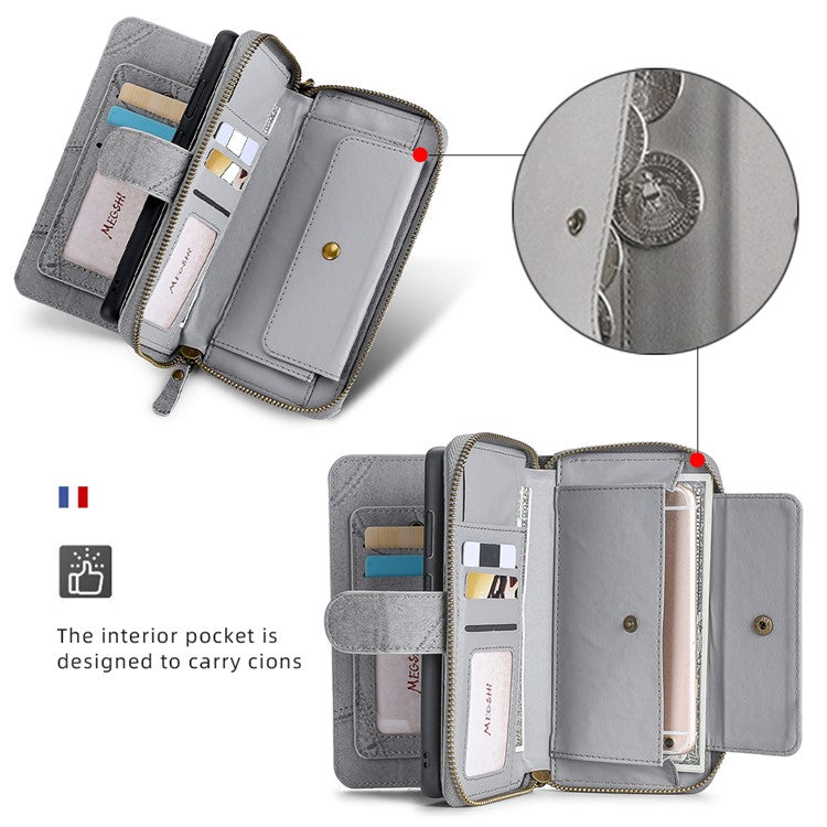 MEGSHI 004 Series For Samsung Galaxy A14 4G / 5G Zipper Wallet Case Detachable PU Leather Stand Phone Cover - Grey