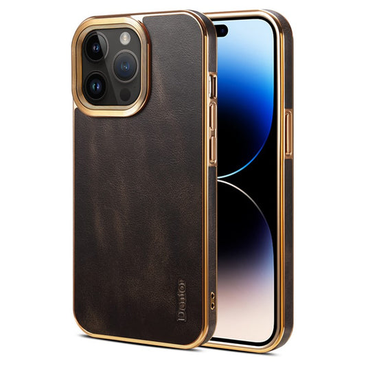 DENIOR For iPhone 14 Pro Electroplating Phone Case Genuine Cow Leather+PU Leather+PC Waxy Textured Cover - Black