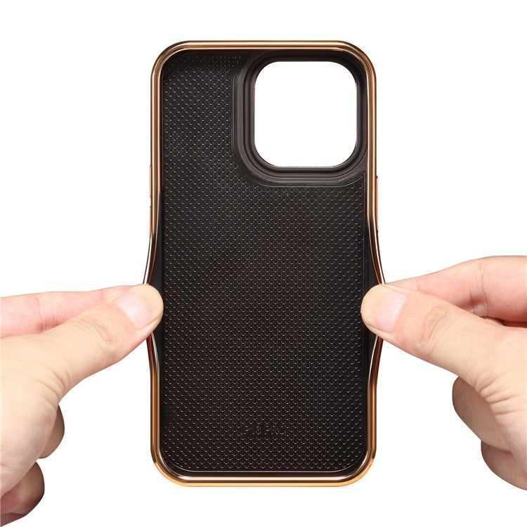 DENIOR For iPhone 14 Pro Electroplating Phone Case Genuine Cow Leather+PU Leather+PC Waxy Textured Cover - Black