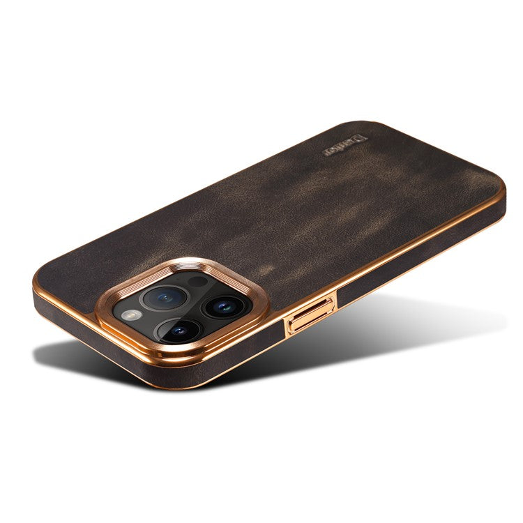 DENIOR For iPhone 14 Pro Electroplating Phone Case Genuine Cow Leather+PU Leather+PC Waxy Textured Cover - Black
