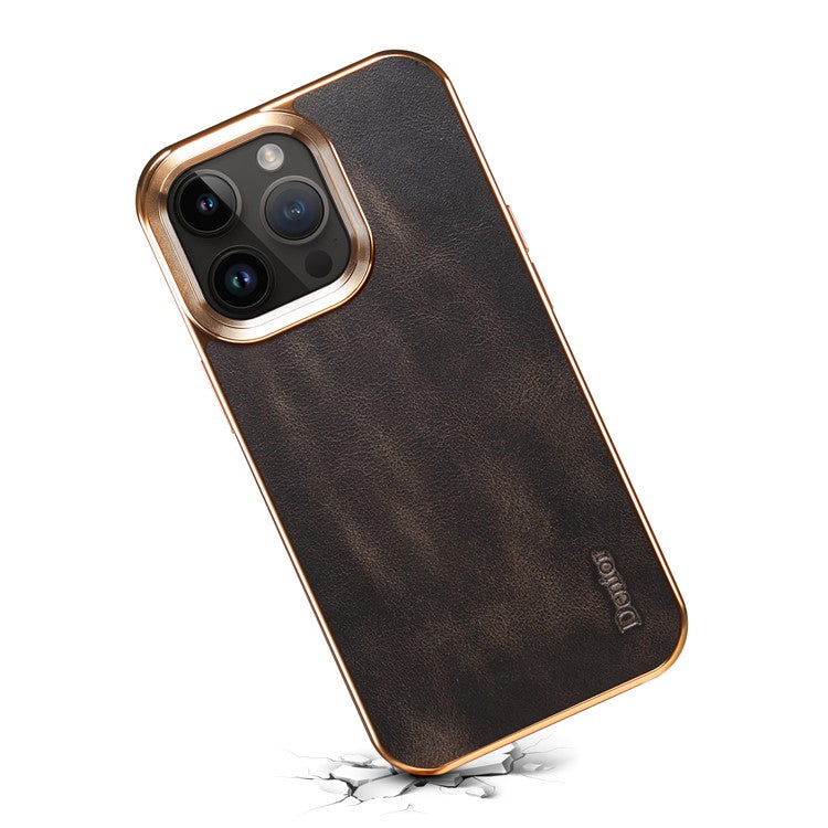 DENIOR For iPhone 14 Pro Electroplating Phone Case Genuine Cow Leather+PU Leather+PC Waxy Textured Cover - Black