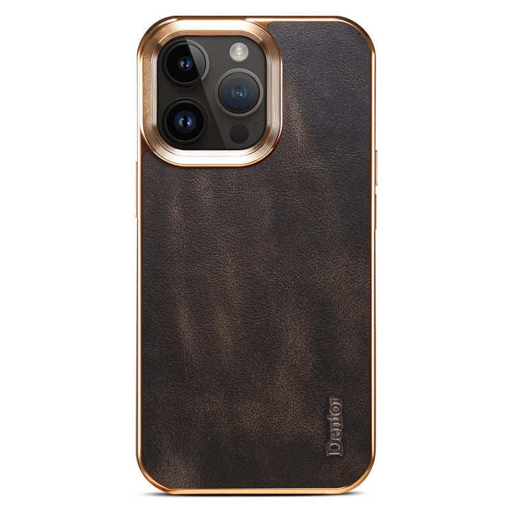 DENIOR For iPhone 14 Pro Electroplating Phone Case Genuine Cow Leather+PU Leather+PC Waxy Textured Cover - Black