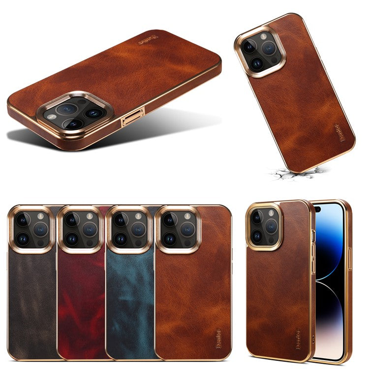 DENIOR For iPhone 14 Pro Electroplating Phone Case Genuine Cow Leather+PU Leather+PC Waxy Textured Cover - Black