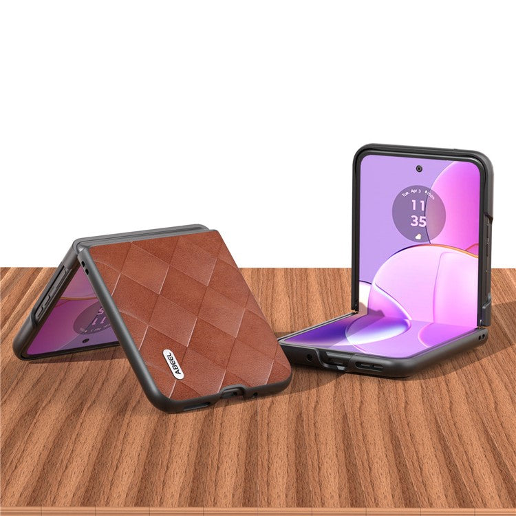 ABEEL For Motorola Razr 40 5G PU Leather Coated PC Phone Case Grid Texture Anti-Drop Protective Cover - Brown