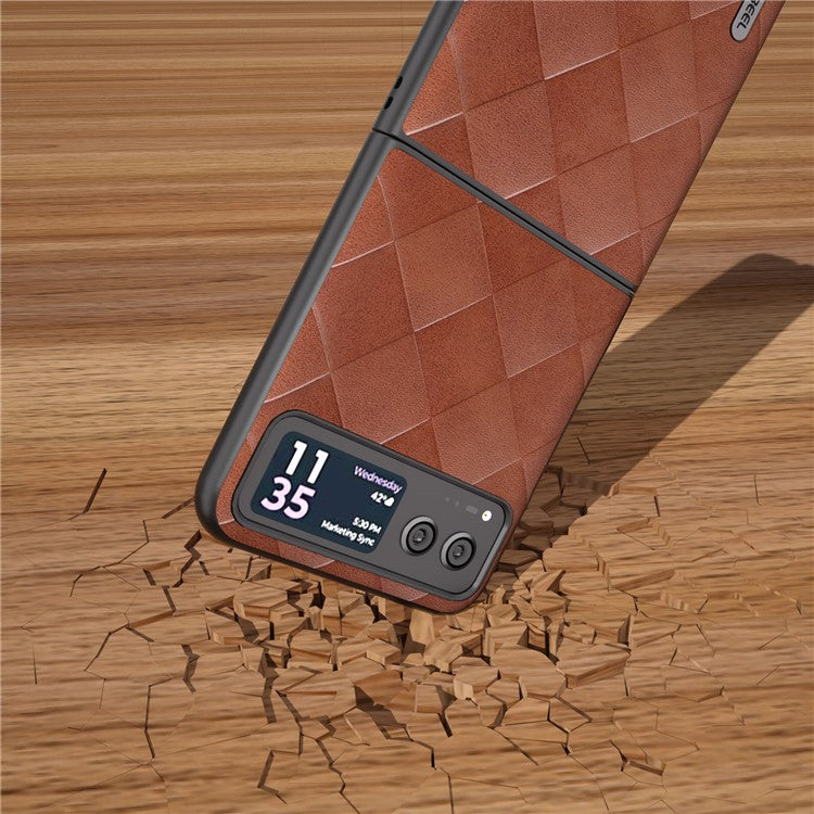 ABEEL For Motorola Razr 40 5G PU Leather Coated PC Phone Case Grid Texture Anti-Drop Protective Cover - Brown