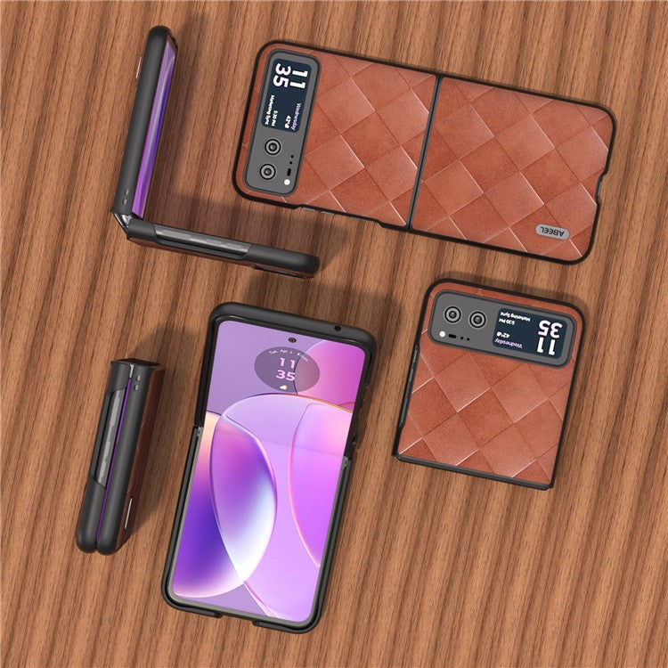 ABEEL For Motorola Razr 40 5G PU Leather Coated PC Phone Case Grid Texture Anti-Drop Protective Cover - Brown