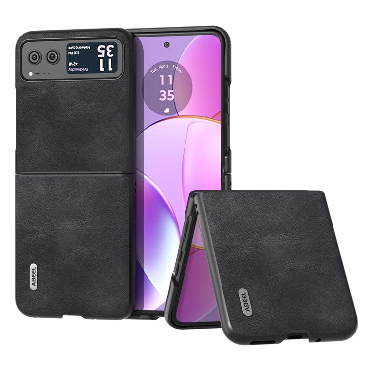 ABEEL Folding Phone Case for Motorola Razr 40 5G PU Leather Coated PC Cowhide Texture Cover - Black