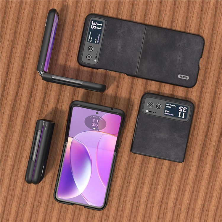 ABEEL Folding Phone Case for Motorola Razr 40 5G PU Leather Coated PC Cowhide Texture Cover - Black
