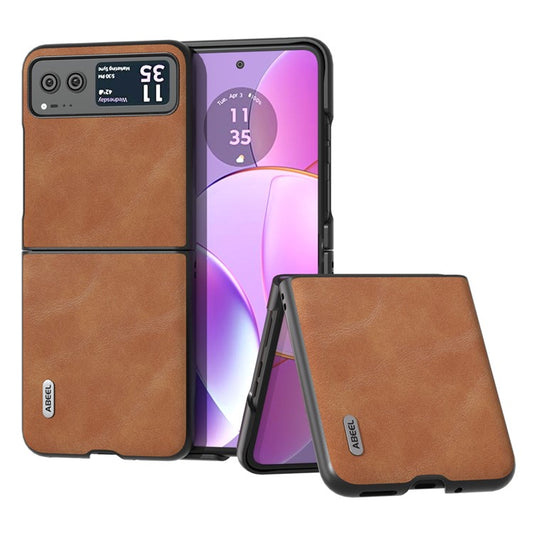 ABEEL Folding Phone Case for Motorola Razr 40 5G PU Leather Coated PC Cowhide Texture Cover - Brown