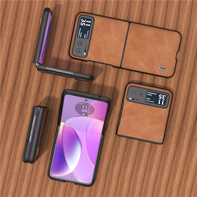 ABEEL Folding Phone Case for Motorola Razr 40 5G PU Leather Coated PC Cowhide Texture Cover - Brown