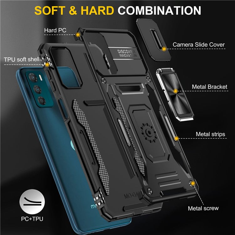 Armor Series For Motorola Moto G42 4G Kickstand Phone Case Slide Lens Shield PC+TPU Anti-Drop Cover - Black