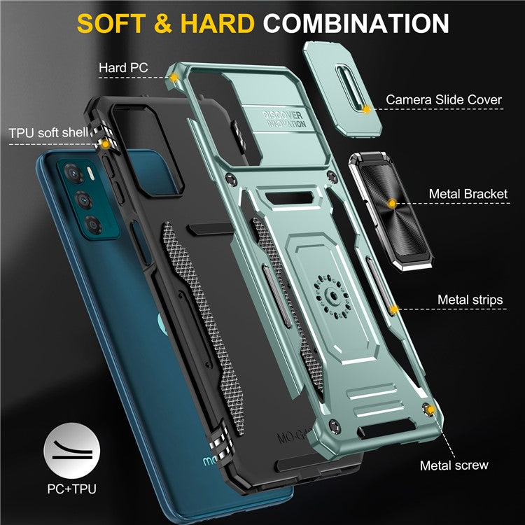 Armor Series For Motorola Moto G42 4G Kickstand Phone Case Slide Lens Shield PC+TPU Anti-Drop Cover - Green