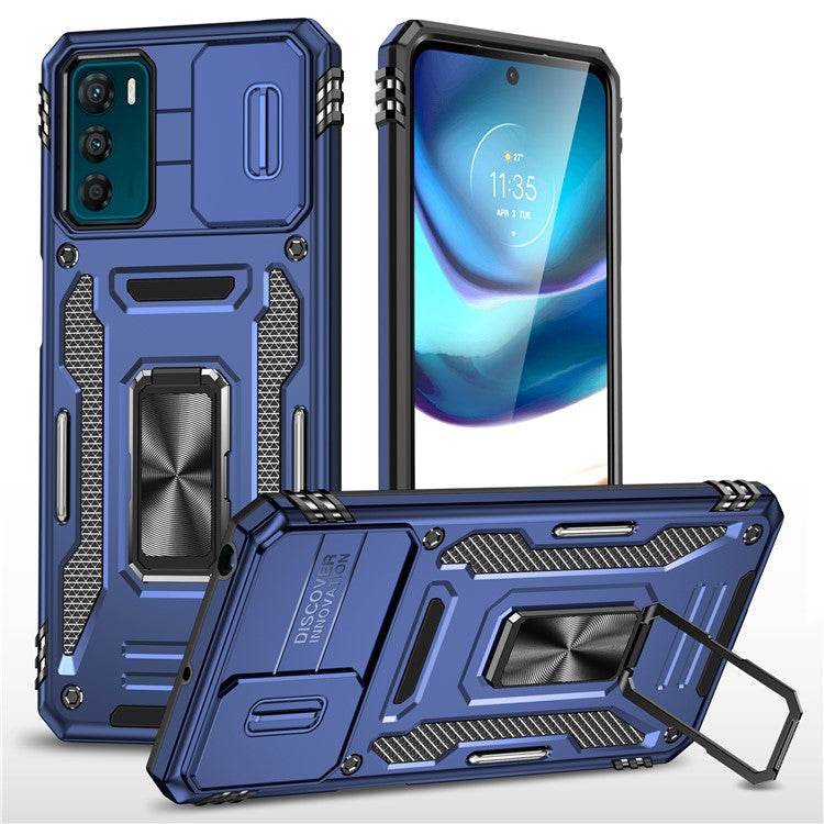 Armor Series For Motorola Moto G42 4G Kickstand Phone Case Slide Lens Shield PC+TPU Anti-Drop Cover - Navy Blue