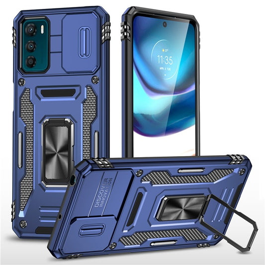 Armor Series For Motorola Moto G42 4G Kickstand Phone Case Slide Lens Shield PC+TPU Anti-Drop Cover - Navy Blue
