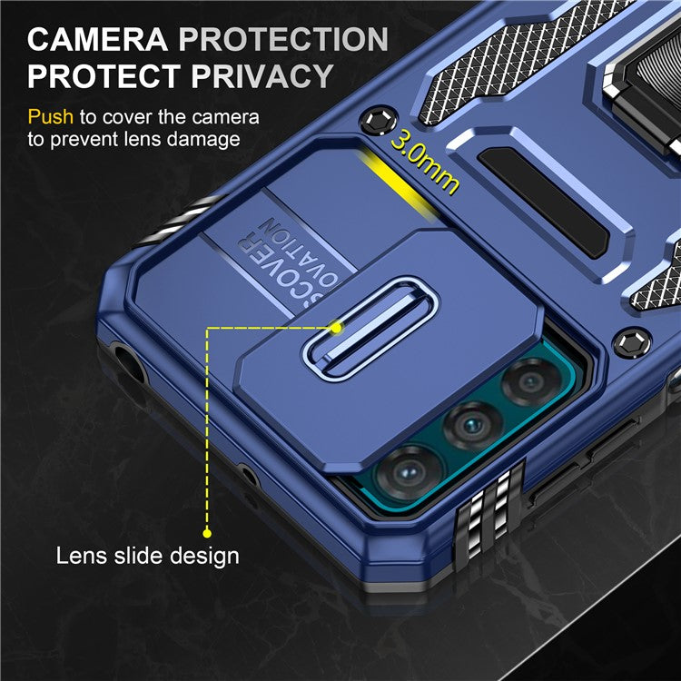 Armor Series For Motorola Moto G42 4G Kickstand Phone Case Slide Lens Shield PC+TPU Anti-Drop Cover - Navy Blue