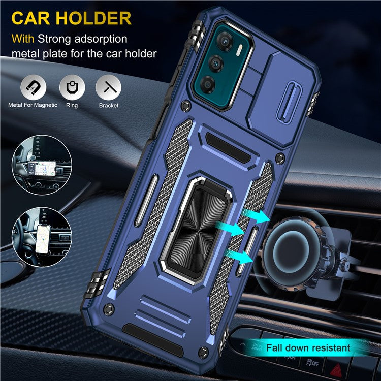Armor Series For Motorola Moto G42 4G Kickstand Phone Case Slide Lens Shield PC+TPU Anti-Drop Cover - Navy Blue